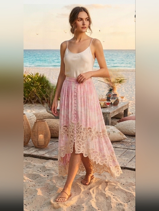 Free People Dresses & Skirts - Free People Pink High-Low Maxi Skirt with Cream Lace